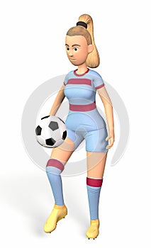 Teen girl juggling soccer ball with her knees on a white background 3d-rendering