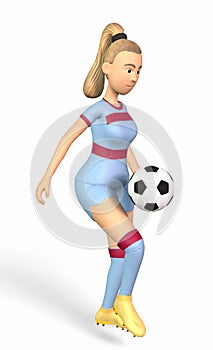 Teen girl juggling soccer ball with her knees on a white background 3d-rendering