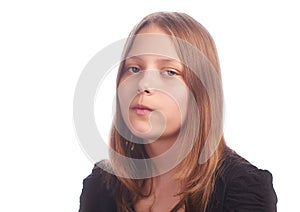 Teen girl making funny faces on white background