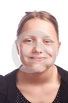 Teen girl making funny faces on white background