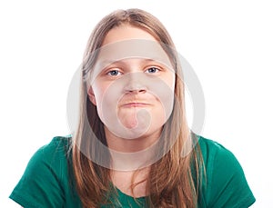 Teen girl making funny faces on white background