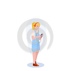 Teen Girl With Music Player illustration. Girl, blond, music, headphones. Editable vector graphic design.
