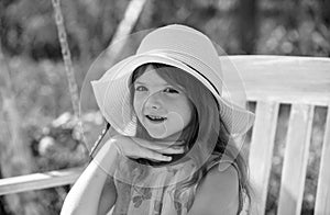 Teen girl outdoors, close-up. Portrait of attractive little teen with beautiful happy smiling face. Nature childhood