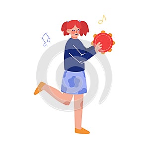 Teen Girl Playing Tambourine Musical Instrument, Young Talented Female Musician Character Vector Illustration on White