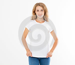 Teen girl posing in white t shirt set , copy space , blank tshirt , empty t-shirt woman