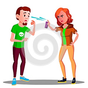 Teen Girl Protect Herself With Pepper Spray Vector. Isolated Illustration