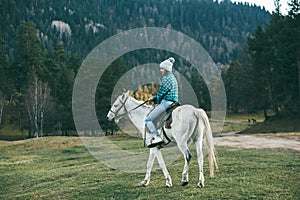 Teen girl riding a horse on meadow