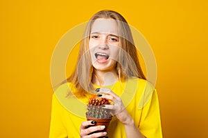 Teen girl screams in pain, pricked by a cactus on a yellow background. Stress and health concept photo
