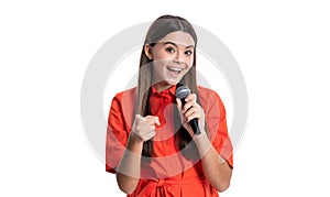 teen girl singer holding microphone point finger in studio. teen girl singer with singing microphone.