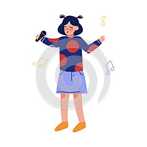 Teen Girl Singing with Microphone, Talented Child Character Performing in Concert, Singing Karaoke Vector Illustration