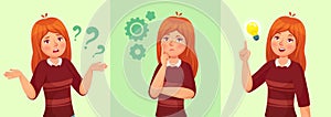 Teen girl think. Confused young female teenager, thoughtful girl student and answering question vector cartoon