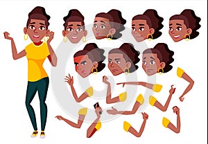 Teen Girl Vector. Black. Afro American. Teenager. Positive Person. Face Emotions, Various Gestures. Animation Creation