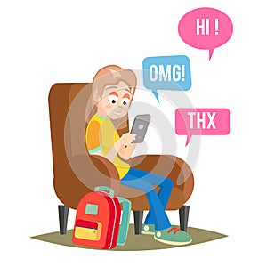 Teen Girl Vector. Happy Girl Talking, Chatting On Network. Devices And Social Media Addiction. Flat Cartoon