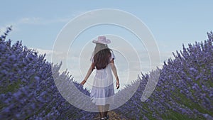 Teen girl walks by blooming lavender fields with blue lavender flowers