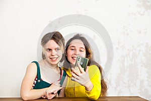 Teen girlfriends taking selfies on   smartphone