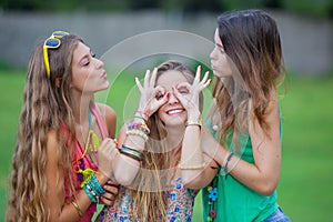 Teen girls goofing