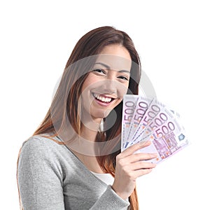 Teen holding a lot of five hundred euro banknotes