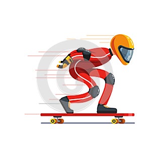 Teen kid longboard rider in protective gear riding