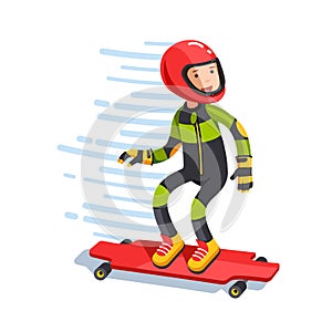 Teen kid longboard rider in protective gear riding photo
