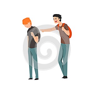 Teen male student laughing and pointing at boy, conflict between children, mockery and bullying at school vecto