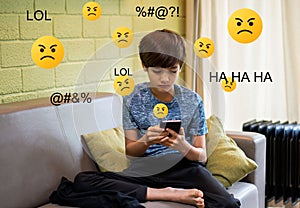 Teen mental health problem, social media harassment concept. A preteen schoolboy, teenager using smartphone alone feeling frustrat