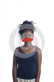 Teen with mouth covered on white