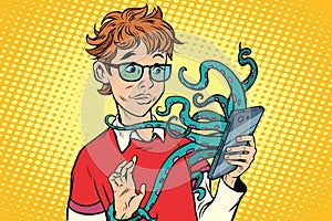 Teen and octopus in the smartphone, danger online