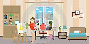 Teen room interior.Cute caucasian schoolgirl teen with easel,brush abd paints