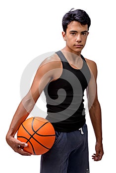 Teen sportsman with sportswear playing basketball. White background.