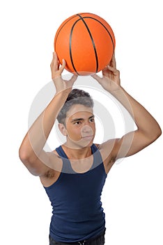 Teen sportsman with sportswear playing basketball. White background.