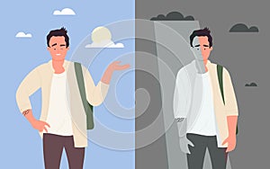 Teen student in good bad mood, mental health weather concept, positive negative thinking