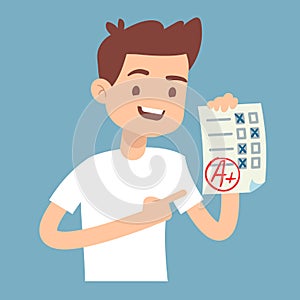 Teen student holding paper with perfect school exam test vector illustration
