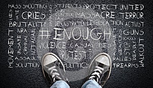 Teen Wearing Canvas Shoes on Asphalt With Enough Word Cloud