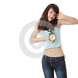 A teen woman with alarm clock