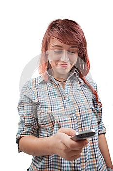 Teen woman reading sms on mobile phone