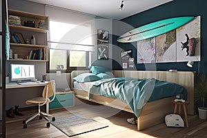 Teenage Bedroom: Capture a set of images that showcase a cool, trendy bedroom for a teenager. Generative AI