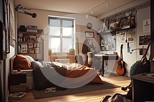 Teenage Bedroom: Capture a set of images that showcase a cool, trendy bedroom for a teenager. Generative AI