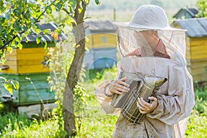 Teenage beekeeper and beehive on bee yard