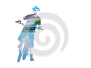 A Teenage BMX Bicycle Rider, Traffic Lights, Isolated On White Background. Double Exposure Safe Riding Concept.