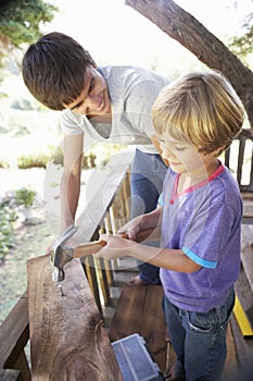 Teenage Boy And Brother Building Tree House Together