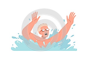 Teenage boy cartoon character wearing swimming protective goggles drowning in sea or ocean water
