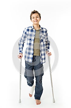 Teenage Boy with crutches and a bandage on his right leg