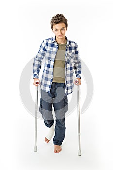 Teenage Boy with crutches and a bandage on his right leg