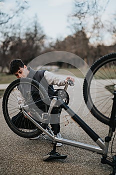 Teenage boy fixing a bicycle on a sunny day in the park