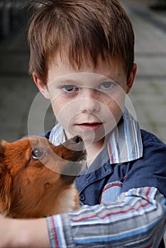 Little boy cuddles with his litte puppy dog photo