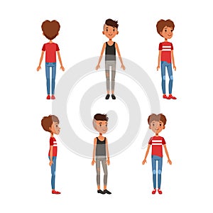 Teenage boy and girl posing back, front and side view set cartoon vector illustration