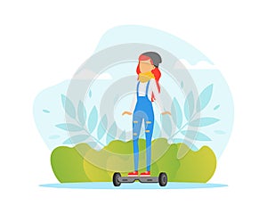 Teenage Boy and Girl Riding Gyro Board in Summer Park, Eco Electric Transport Concept Cartoon Vector Illustration