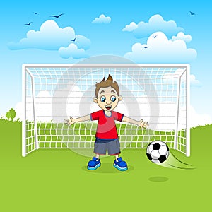 Teenage boy goalie catching soccer ball - vector Illustration