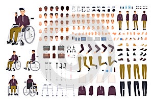 Teenage boy with physical disability creation set or constructor kit. Collection of disabled man body parts, gestures