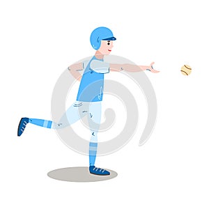 The teenage boy plays baseball in a blue uniform throwing the ball. Vector illustration in the flat cartoon style.